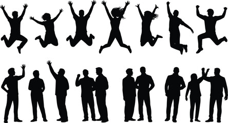silhouette, people, group, jumping, standing, teamwork, celebration, crowd, pose, casual, business, human, diversity, motion, activity