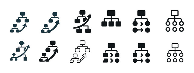 Set of hierarchical flowchart icons with arrows indicating process paths