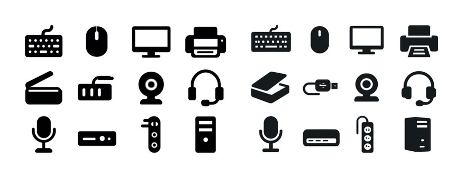 Silhouette icons of computer accessories and devices
