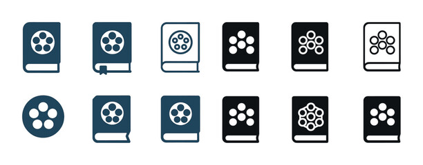 Film reel book icons collection in varied styles and colors