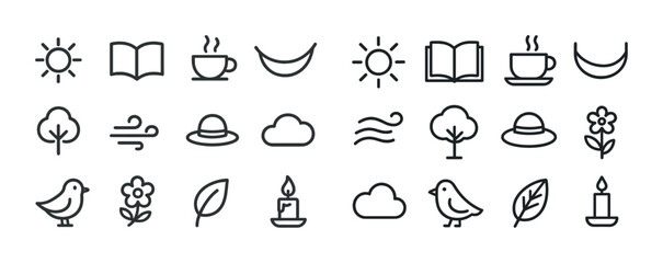 Minimal icons set: weather, coffee, nature, relaxation symbols in line art