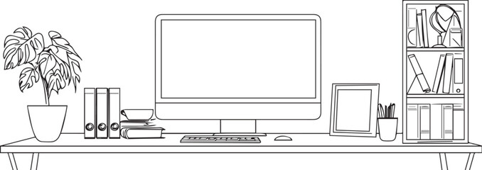 Workspace Minimalist Sketch: A clean, minimalist line drawing presents a workspace scene, featuring a computer, potted plants, and office essentials