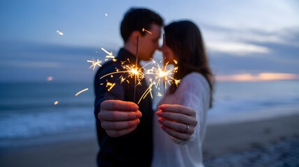 A Romantic Couple Embraces on a Beach at Dusk Holding Sparkling Fireworks Creating a Magical Atmosphere of Love and Celebration Under the Twilight Sky