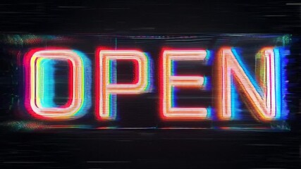 Neon Open Sign Glitching Effect on Dark Background.
