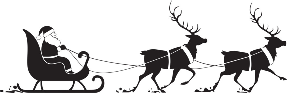 Festive Flight: Santa guides his sleigh, pulled by reindeer across the starry sky, delivering gifts to eagerly awaiting homes, capturing a scene of Christmas spirit and holiday joy.