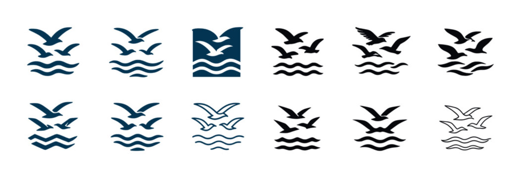 Seagull silhouettes and waves: icon set in black and blue variations