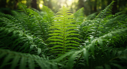 Vibrant green fern frond shines brightly under a warm sunbeam deep within a serene lush forest. AI Generated