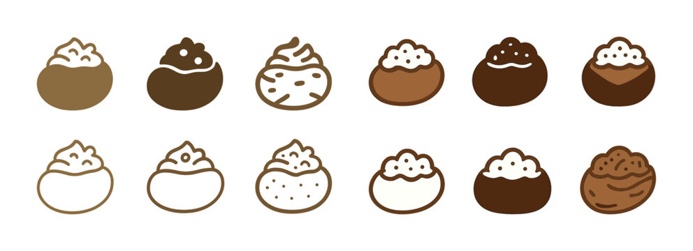 Various styles of baked potatoes with toppings icons set