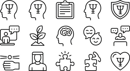 Mental Health and Wellbeing Icons Set Line Style