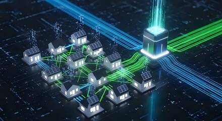 Modern homes powered by smart grid technology connecting to a central energy hub, showcasing sustainable living and renewable energy solutions for future communities