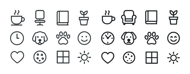 Fototapeta premium Minimalist line icons: coffee, furniture, plants, clocks, animals, emotions, hearts, cookies, sun
