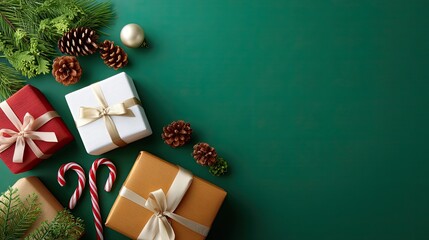 Festive Christmas Gifts Surrounded by Evergreen Pinecones and Candy Canes on a Green Background Perfect for Holiday Celebrations and Seasonal Decorations
