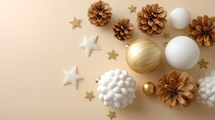 Fototapeta premium Elegant Christmas Decorations with Gold and White Ornaments, Pinecones, and Stars on Soft Beige Background for Holiday Celebration and Festive Spirit