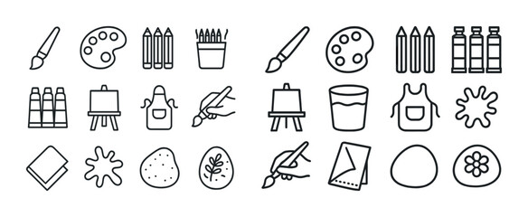 Naklejka premium Art supplies icons: brushes, paints, canvas, palette, easel, apron, pencil, ink