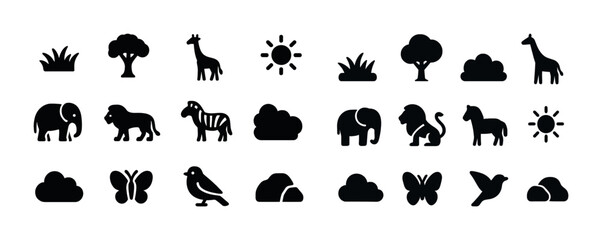 Obraz premium Silhouette icons of african animals, nature, clouds, and sun