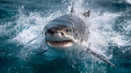 Naklejka premium A large white shark surfaces, moving aggressively