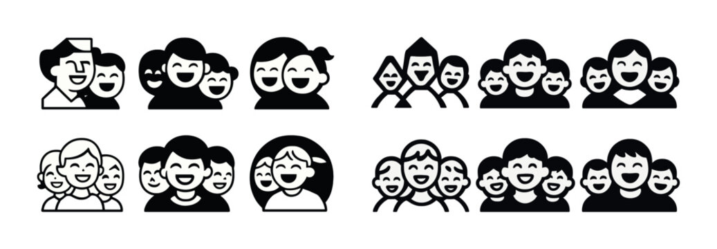 Diverse cartoon smiling faces icons: men, women, children in various styles