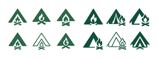 Set of triangle campfire and tent icons for outdoor camping activities