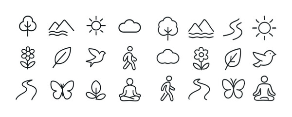 Obraz premium Minimalist nature and yoga icons: trees, mountains, sun, clouds, flowers, leaves, butterfly, meditation, walking