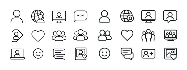 Minimalist communication icons set featuring user profiles and chat symbols