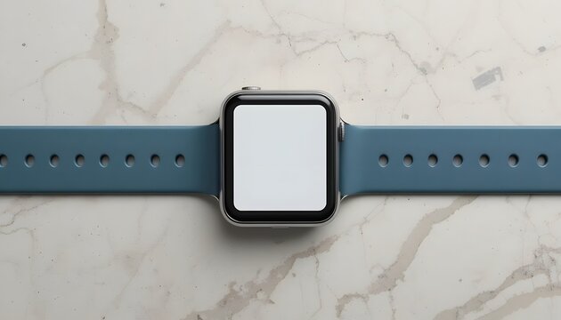 Stylish smartwatch with a blank white screen and a modern blue band on a marble background for your technology and lifestyle content today