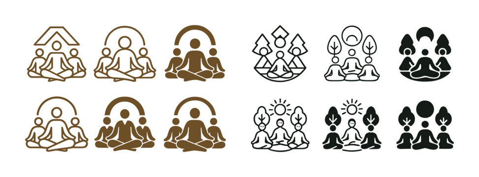 Meditative symbol icons: diverse abstract human figures in tranquil poses