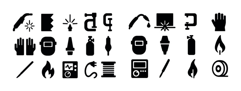 Black welding icons set: helmet, torch, gloves, flame, tools