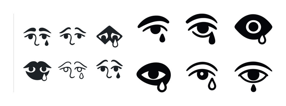 Various crying eye expressions icon set in black and white