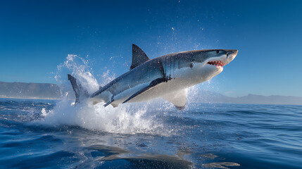 Fototapeta premium A large white shark floats in mid-air above the water