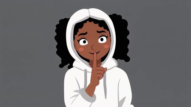 Cartoon vector illustration of a bearded man and a woman with a cigarette, with a girl character face and expression. Child making a shhh gesture, with a finger to their lips and a mischievous.