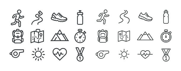 Naklejka premium Running and hiking icons set: shoes, backpack, stopwatch, map, medal