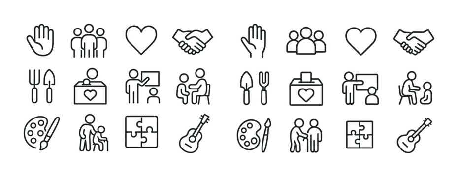 Line icons of community, education, and art featuring people, hands, and objects
