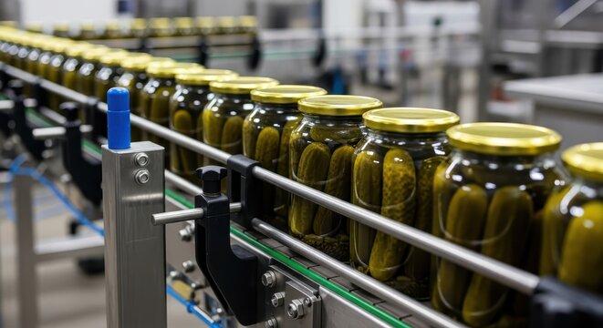Pickles in jars being processed on a conveyor line