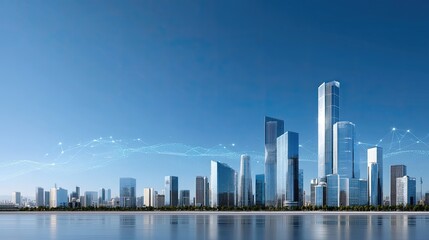 Fototapeta premium Modern city skyline with futuristic architecture and clear blue sky reflecting in water at sunset, showcasing urban development and technological innovation.