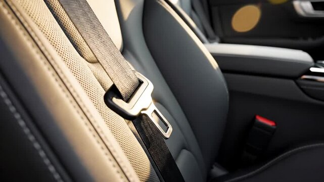 Close-up of a seatbelt in an empty modern car seat, with soft light, symbolizing safety and readiness for travel.