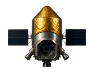 Satellite for earth observation featuring gold thermal insulation and small thrusters.