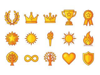 Honor Emblems Collection. Honor symbols isometric set. laurel wreath, crown, trophy, medal, ribbon, starburst, glowing star, guiding torch, radiant sun, flame of victory, infinity