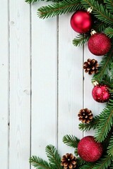 Ornate baubles, pine cones, and garland on a whitewash wood background , seasonal, still life