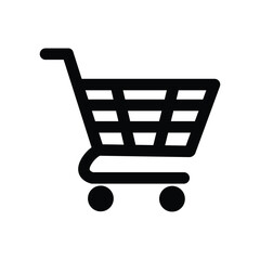 A simple black shopping cart icon with clean lines stands against a white background