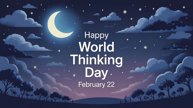 Happy World Thinking Day February 22 Night Sky with Moon Stars and Clouds