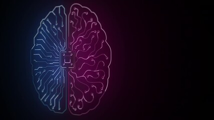 A dynamic motion graphic featuring a digital human brain with glowing circuitry lines and connections, perfect for high tech AI and computing presentations.