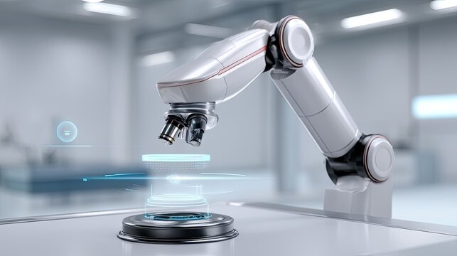 Futuristic robotic arm interacting with holographic interface in modern laboratory setting for advanced technology and innovation concepts