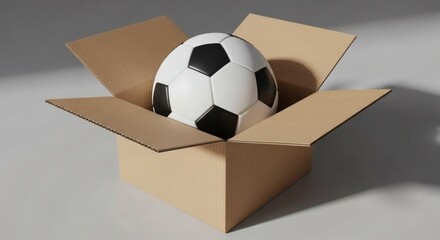 A classic black and white soccer ball sits inside an open brown cardboard box, ready for play or delivery.