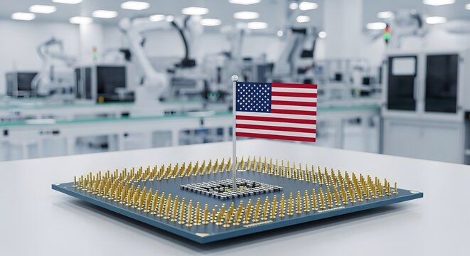 American technology concept with united states flag on microchip in modern factory setting