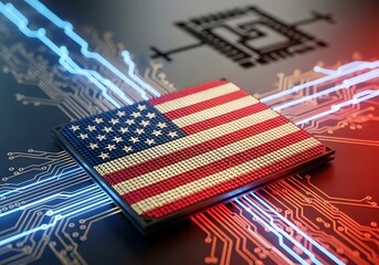 American flag on microchip symbolizing technology and innovation in the united states for electronic design and development concepts