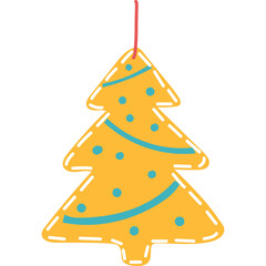 Handmade Yellow Christmas Tree Ornament with Blue Polka Dots and Stitched Edges Suspended by Red String Festive Holiday Decoration Isolated on Transparent Background
