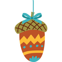 Decorative Acorn Ornament with Teal Ribbon and Autumnal Colors Features Chevron and Dot Patterns on a Transparent Background