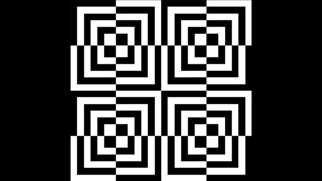 Abstract animation of changing op art in black and white with concentric squares that create an optical illusion. Black background.