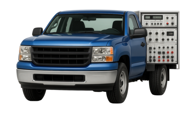 Extended cab pickup with mobile electrical testing gear and side control panels.