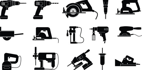 Silhouettes of Power Tools Collection, Including Cordless Drills, Saws, Sanders, and Planers, for DIY and Construction Projects